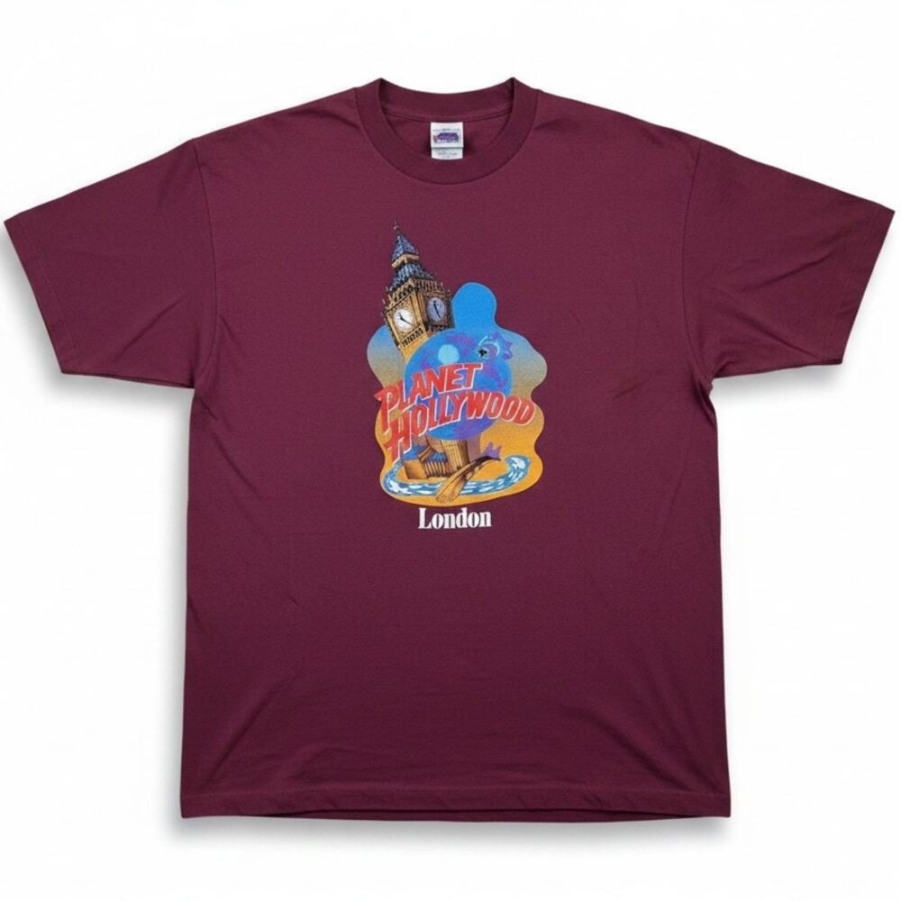 Vintage 90s Planet Hollywood London Men's T-Shirt Size XL Maroon Casual Travel